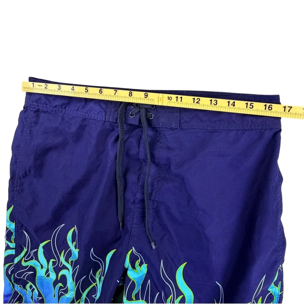 Utility Flame Print Baggy Board Shorts Men 34 Blue Surf Swim Trunks Y2K Vintage